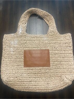 J. Crew Natural Straw Tote with Brown Leather Patch